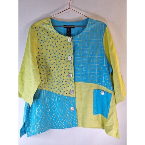 ALI MILES Artsy Patchwork Linen Button Up Shirt Sz Petite XL Lagenlook Cottage - Picture 1 of 12